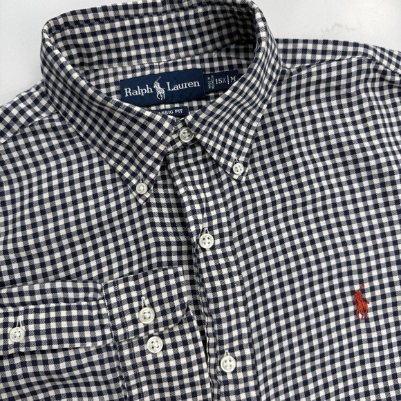 Vintage Polo Ralph Lauren Button Down Shirt Mens M Navy Gingham Red Pony Preppy‎ - Picture 1 of 8